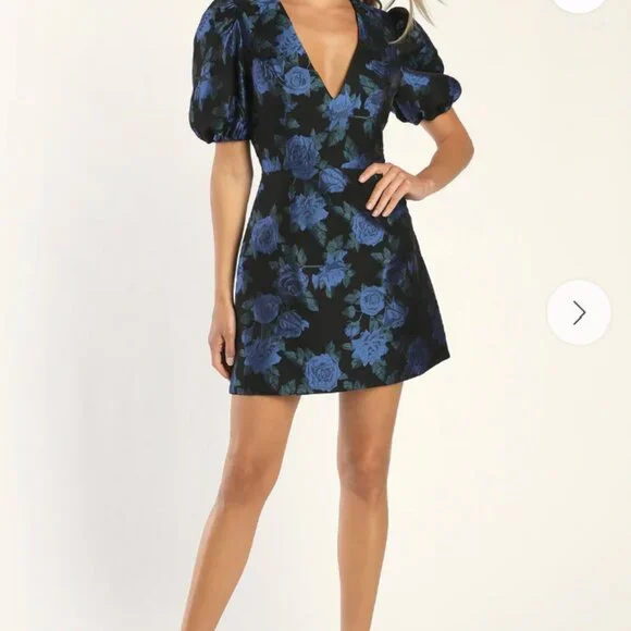 Lulus Whimsical Sweetheart Black Floral Jacquard Puff Sleeve Dress - Size S - Picture 2 of 6